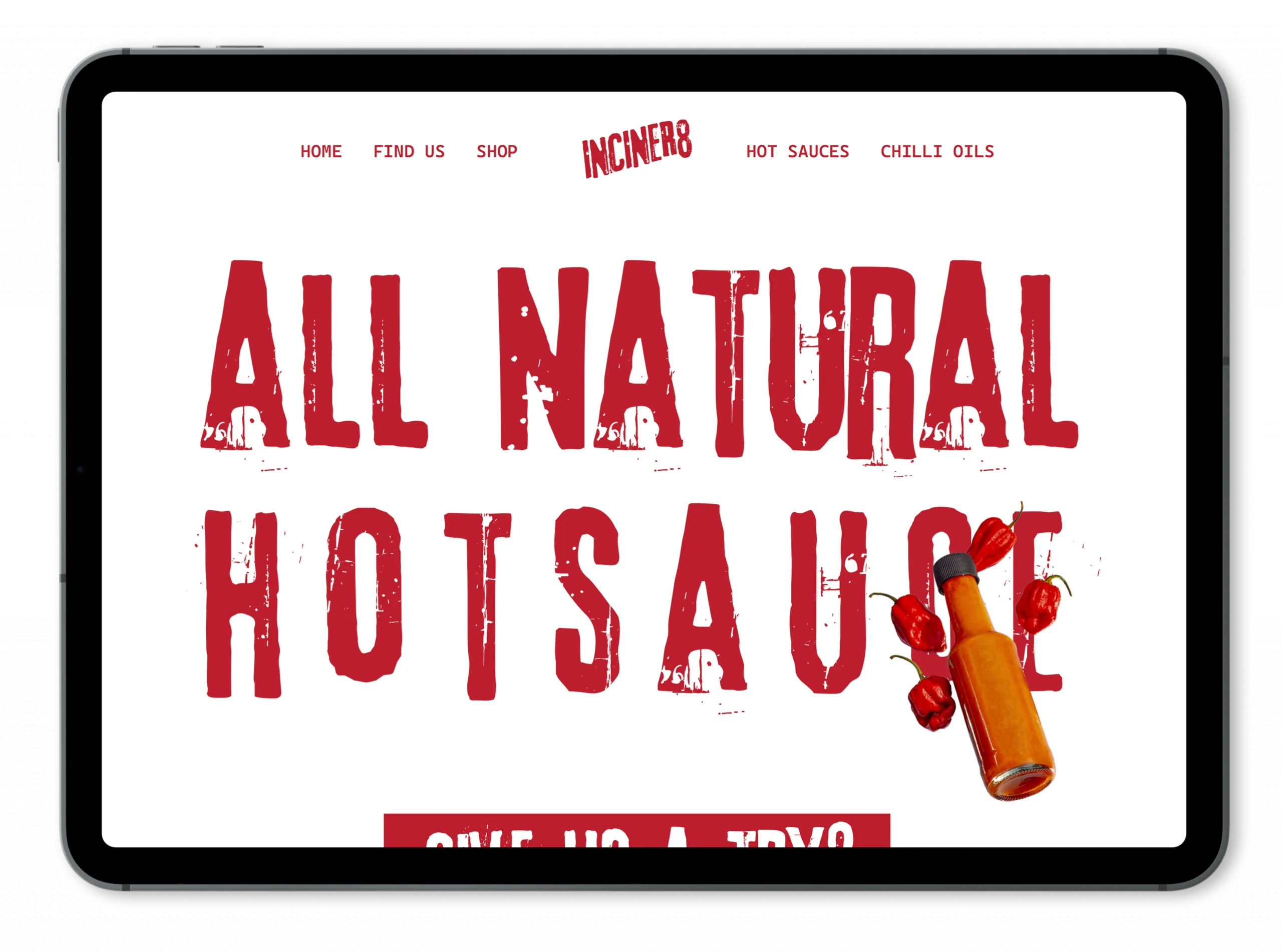 iPad displaying the Inciner8 Hot Sauce website